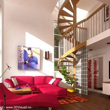 Illustrasjonsbilde av stue og trappoppgang i moderne hus
